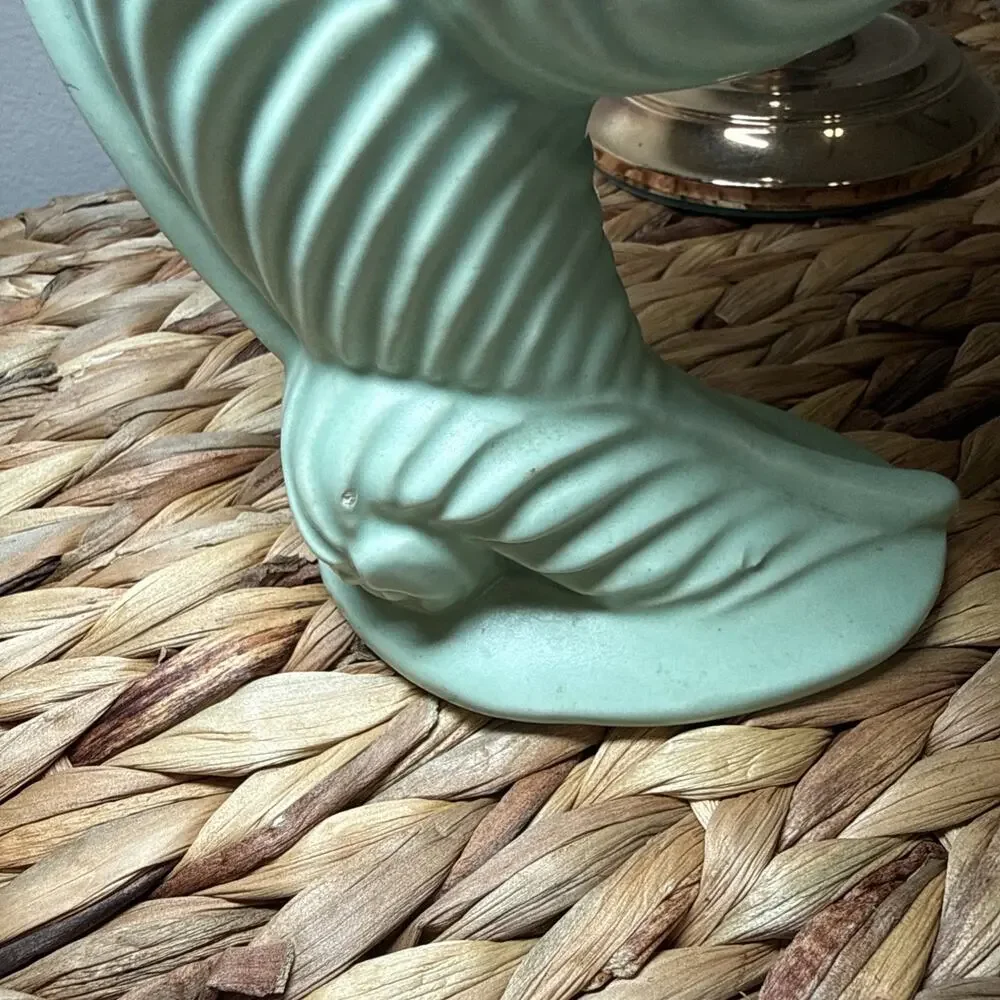 MCM Mint Green Nautilus Shell Vase Fiddlehead Fern Style Matte Pottery Decor